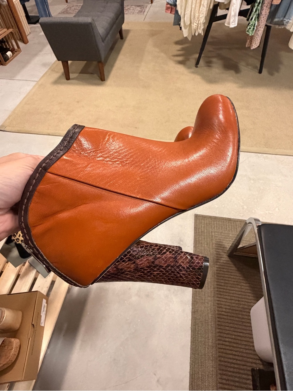 Guess by Marciano Italy Cognac Leather Ankle Booties Snakeskin Heel Size 39 US 9